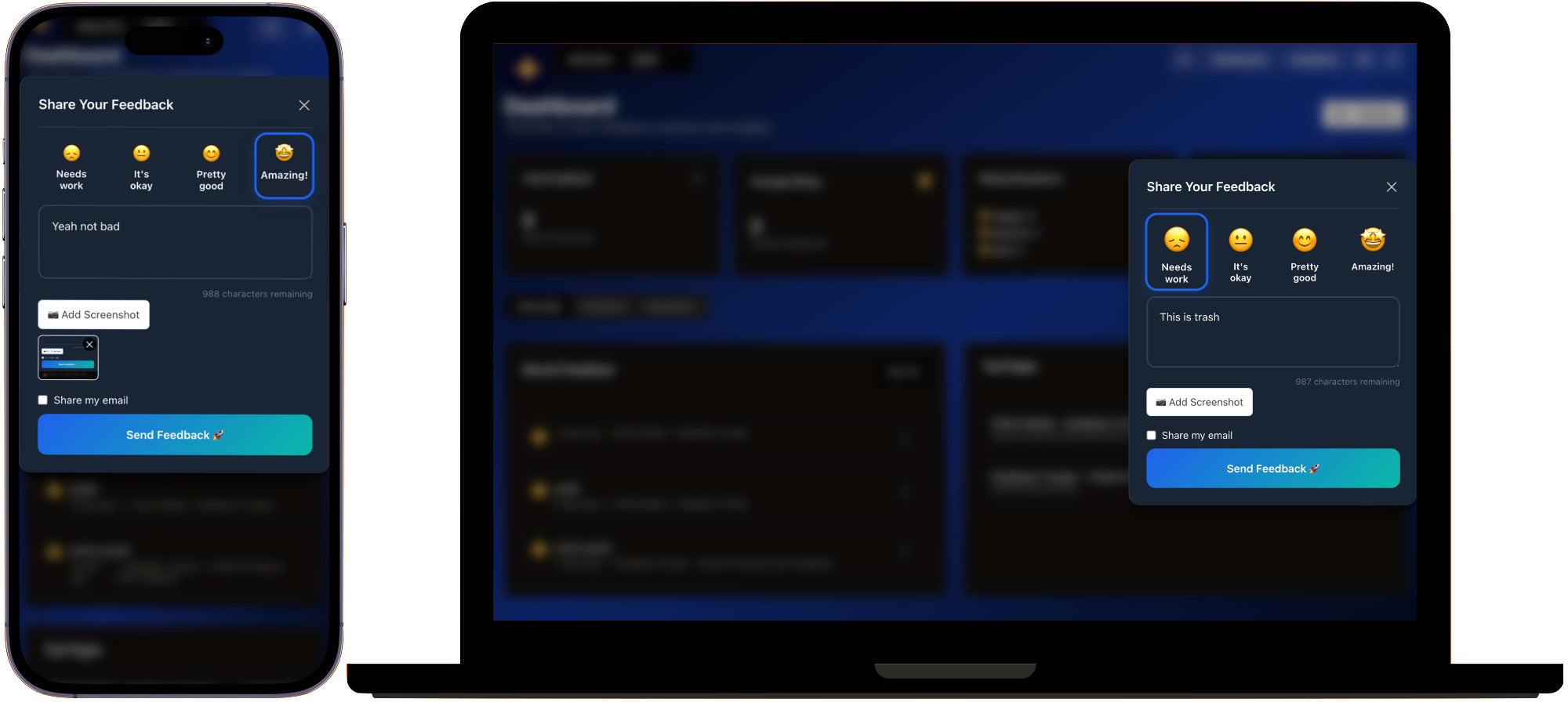 Feedbee analytics dashboard showing feedback trends, sentiment analysis, and user insights